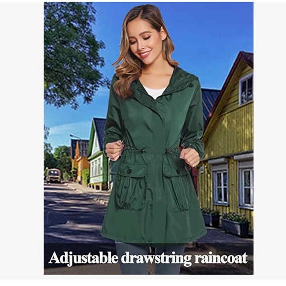 Womens Waterproof Hooded Rain Jacket Lightweight Windbreaker Raincoat w/ Pockets - Picture 6 of 6